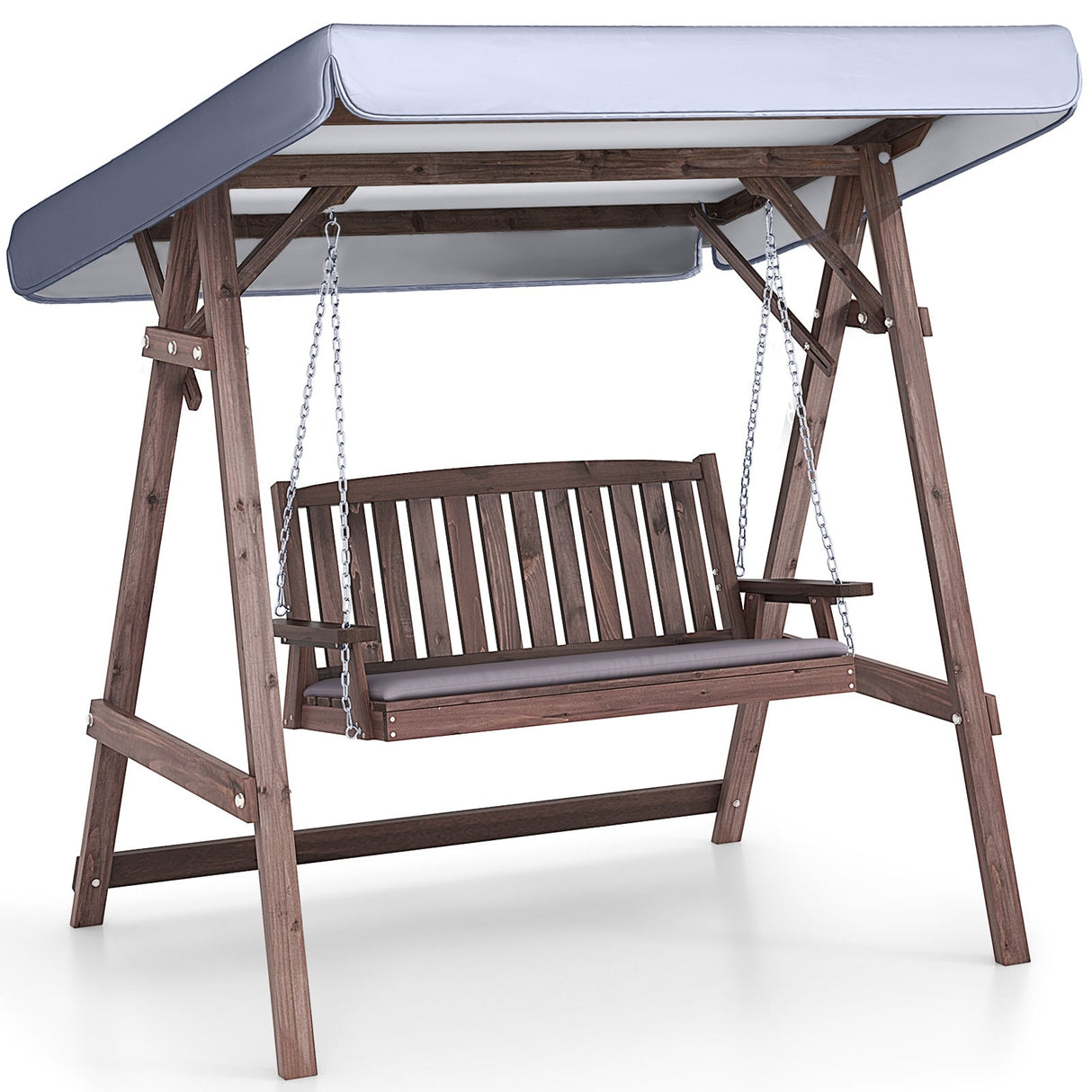 2-Person Porch Swing with Fir Wood Stand and Tilt Canopy-Brown