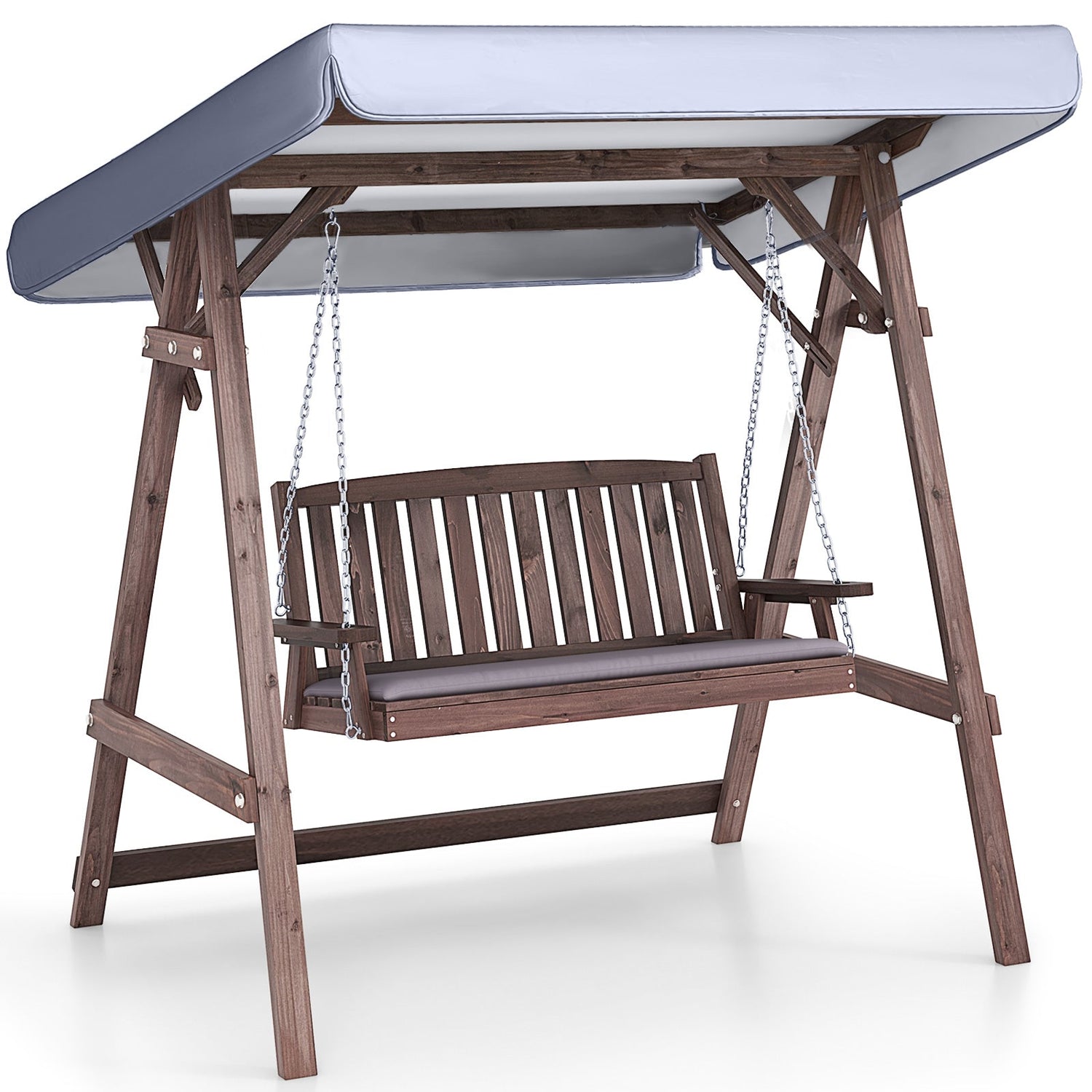 2-Person Porch Swing with Fir Wood Stand and Tilt Canopy-Brown