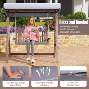 2-Person Porch Swing with Fir Wood Stand and Tilt Canopy-Brown