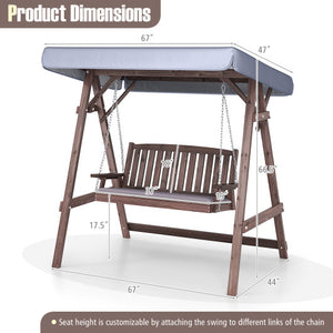 2-Person Porch Swing with Fir Wood Stand and Tilt Canopy-Brown