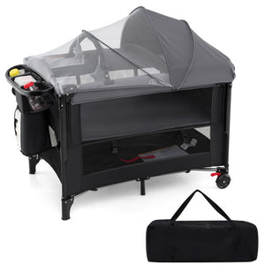 Foldable Baby Bassinet with 4 Adjustable Heights Changing Table and Mattress-Black