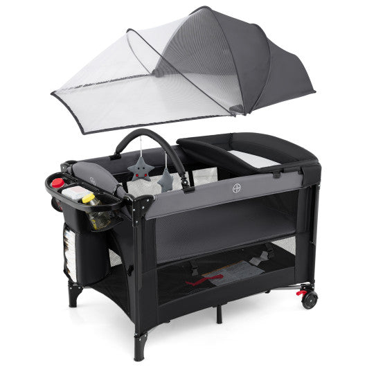 Foldable Baby Bassinet with 4 Adjustable Heights Changing Table and Mattress-Black