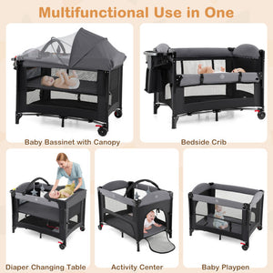 Foldable Baby Bassinet with 4 Adjustable Heights Changing Table and Mattress-Black