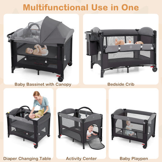 Foldable Baby Bassinet with 4 Adjustable Heights Changing Table and Mattress-Gray
