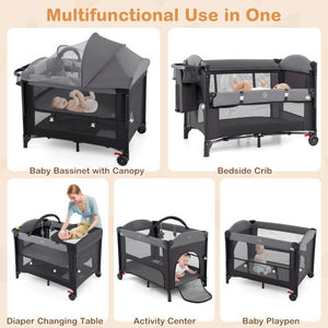 Foldable Baby Bassinet with 4 Adjustable Heights Changing Table and Mattress-Gray