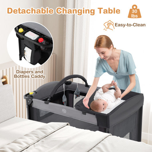 Foldable Baby Bassinet with 4 Adjustable Heights Changing Table and Mattress-Gray