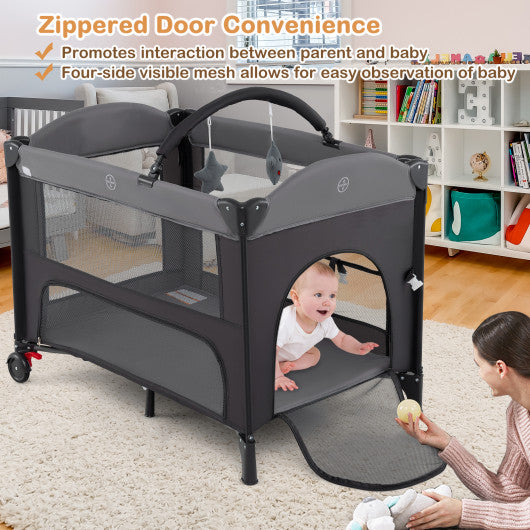Foldable Baby Bassinet with 4 Adjustable Heights Changing Table and Mattress-Black