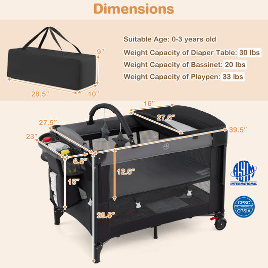 Foldable Baby Bassinet with 4 Adjustable Heights Changing Table and Mattress-Gray