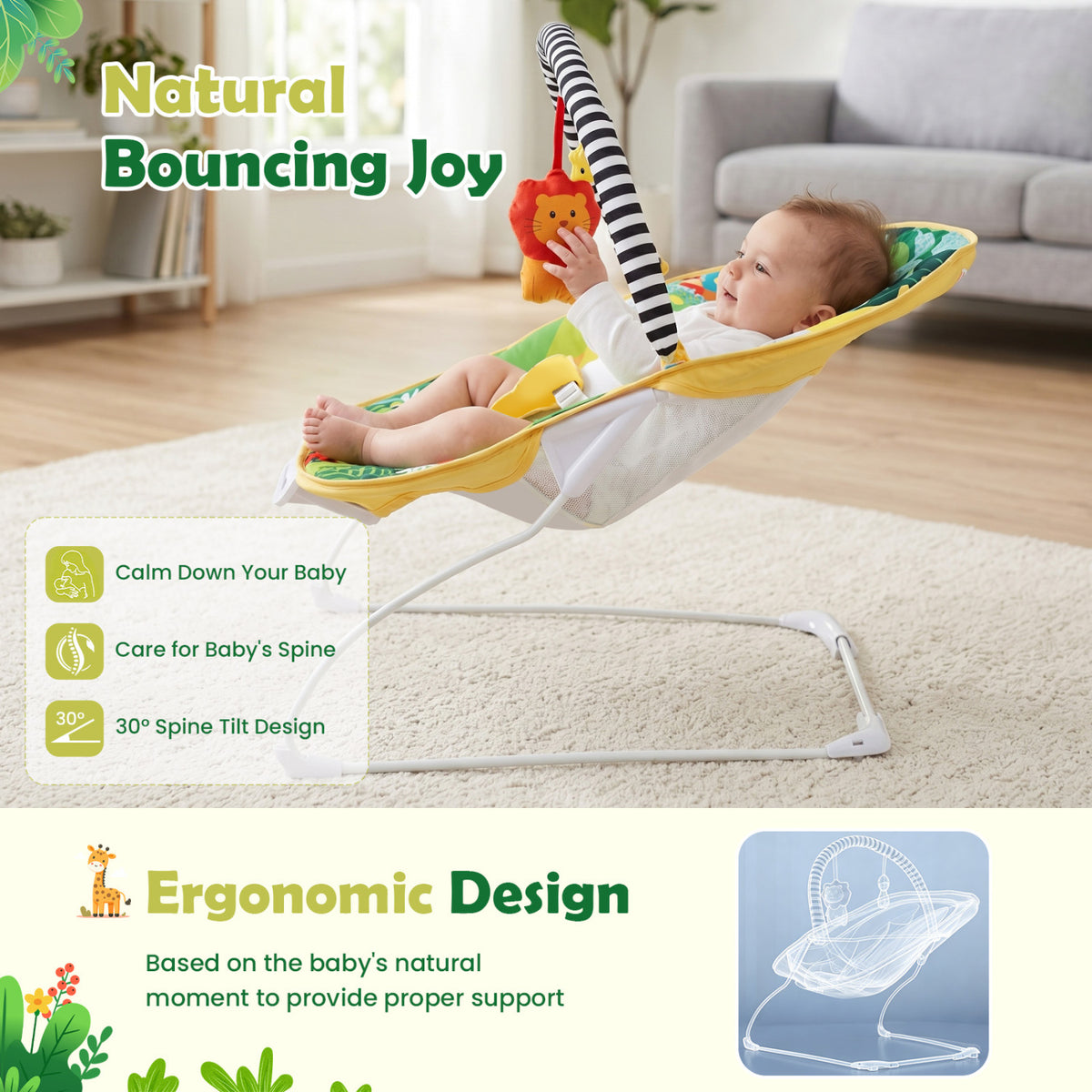 Portable Baby Bouncer Infant Rocker Seat with Detachable Toy Bar-Green