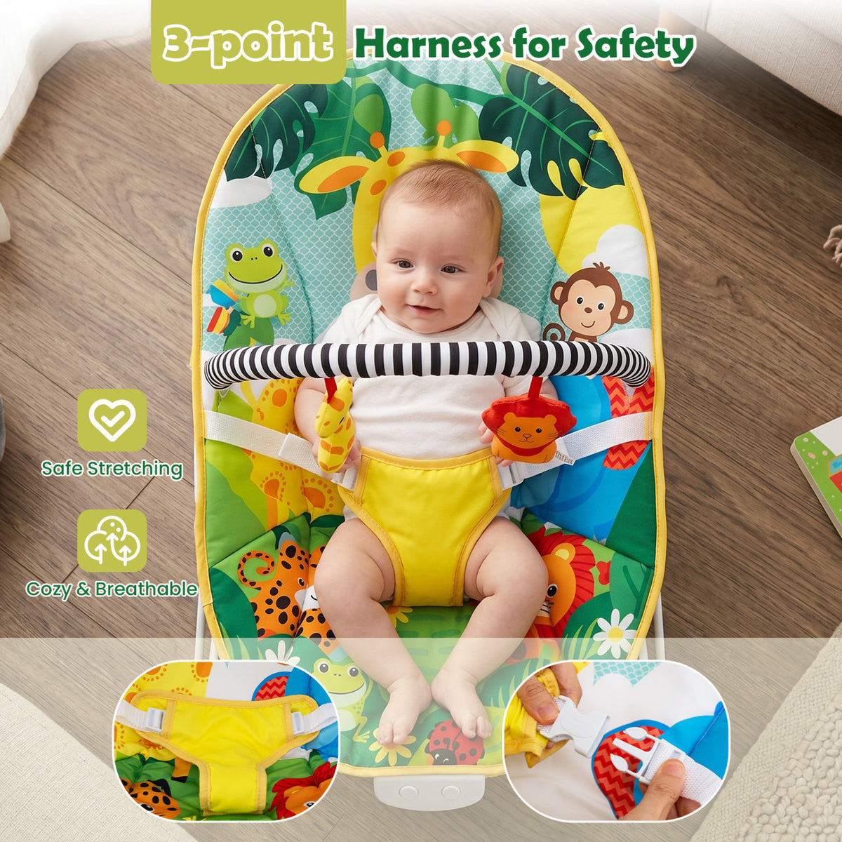 Portable Baby Bouncer Infant Rocker Seat with Detachable Toy Bar-Green