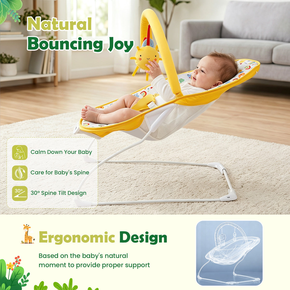 Portable Baby Bouncer Infant Rocker Seat with Detachable Toy Bar-Yellow