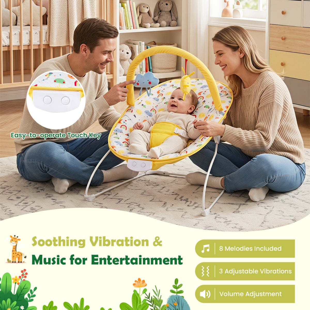 Portable Baby Bouncer Infant Rocker Seat with Detachable Toy Bar-Yellow