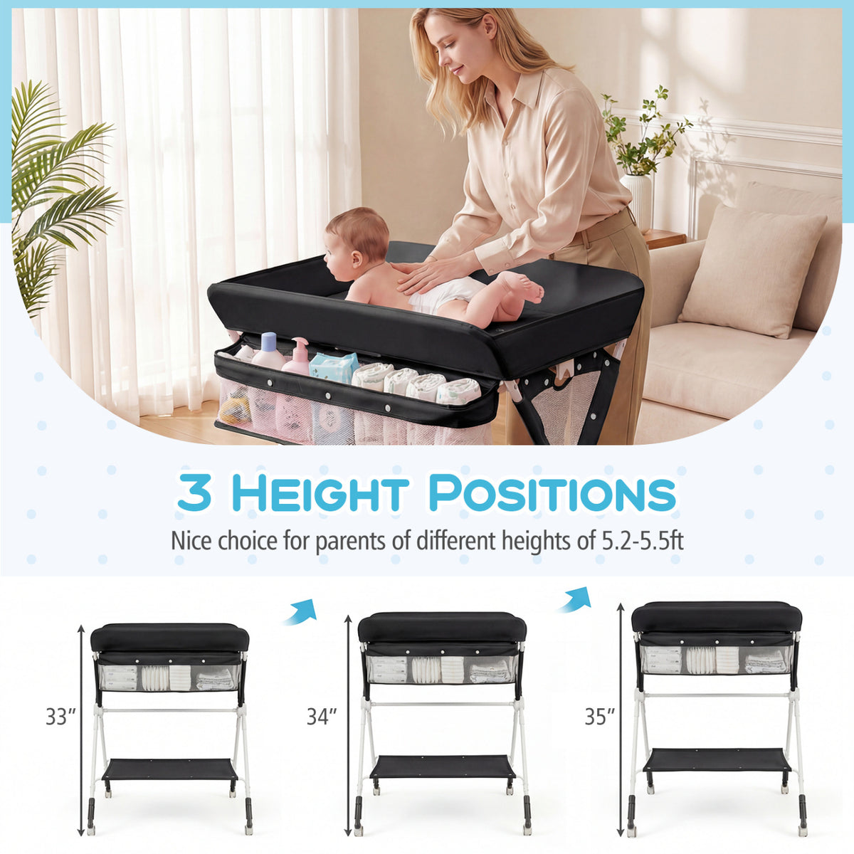 Portable Baby Changing Table with 3-Level Adjustable Height-Black