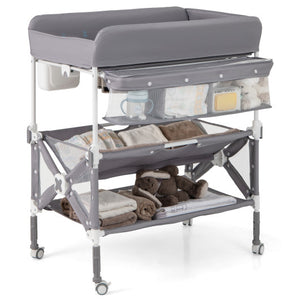Portable Baby Changing Table with Wheels and Large Storage Rack-Gray