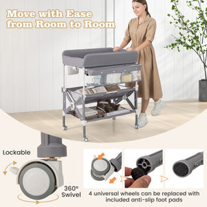 Portable Baby Changing Table with Wheels and Large Storage Rack-Gray