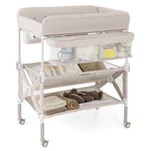 Portable Baby Changing Table with Wheels and Large Storage Rack-Natural