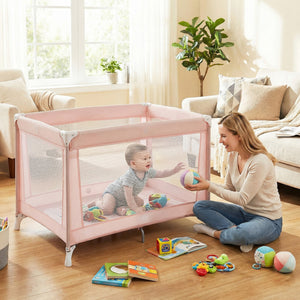 Portable Baby Playard Folding Travel Crib for Infants with Soft Mattress-Pink