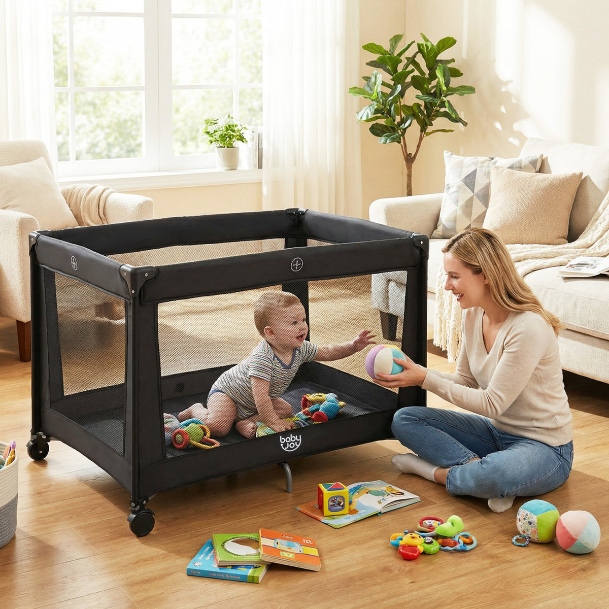 Portable Baby Playard Folding Travel Crib for Infants with Soft Mattress-Black