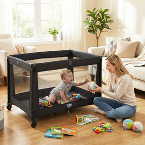 Portable Baby Playard Folding Travel Crib for Infants with Soft Mattress-Black