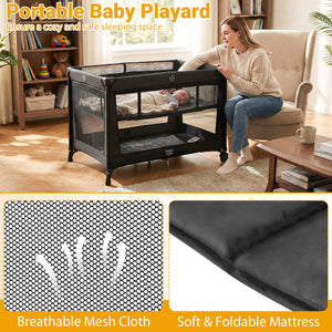 Portable Baby Playard Folding Travel Crib for Infants with Soft Mattress-Black
