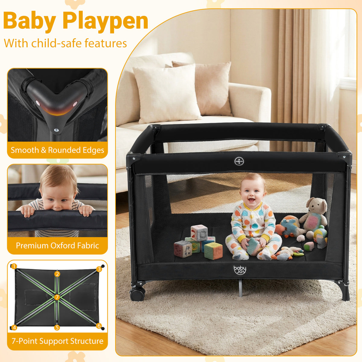 Portable Baby Playard Folding Travel Crib for Infants with Soft Mattress-Black