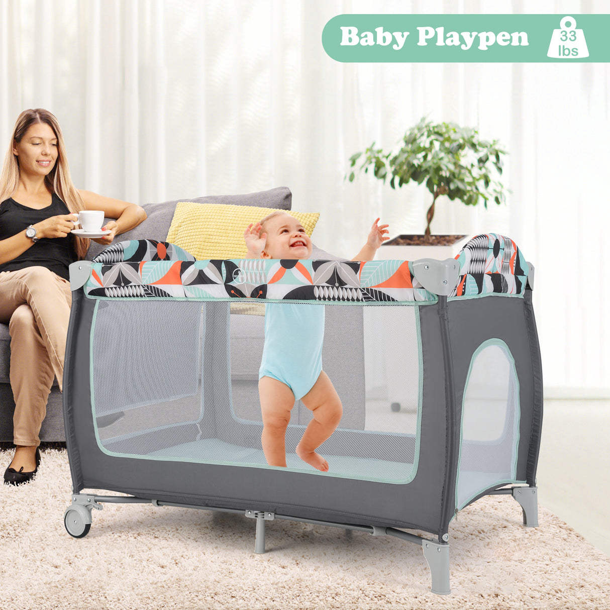 3-in-1 Portable Baby Playard with Zippered Door and Toy Bar-Blue