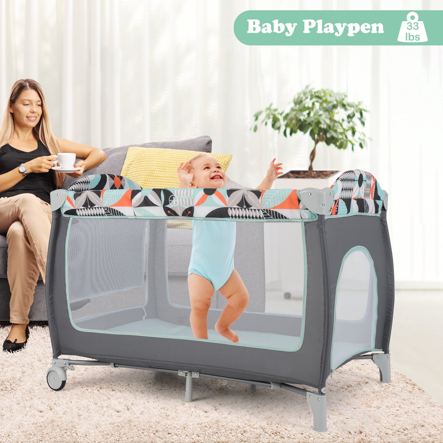 3-in-1 Portable Baby Playard with Zippered Door and Toy Bar-Blue