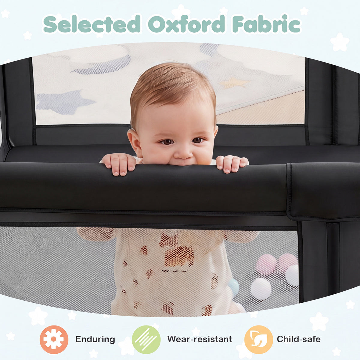 Portable Baby Playpen with 50 Ocean Balls Breathable Mesh and Safe Zippered Doors-Black