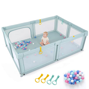 Portable Baby Playpen with 50 Ocean Balls Breathable Mesh and Safe Zippered Doors-Blue