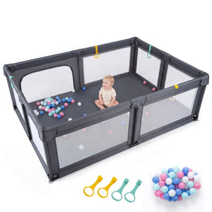 Portable Baby Playpen with 50 Ocean Balls Breathable Mesh and Safe Zippered Doors-Gray