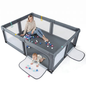 Portable Baby Playpen with 50 Ocean Balls Breathable Mesh and Safe Zippered Doors-Gray