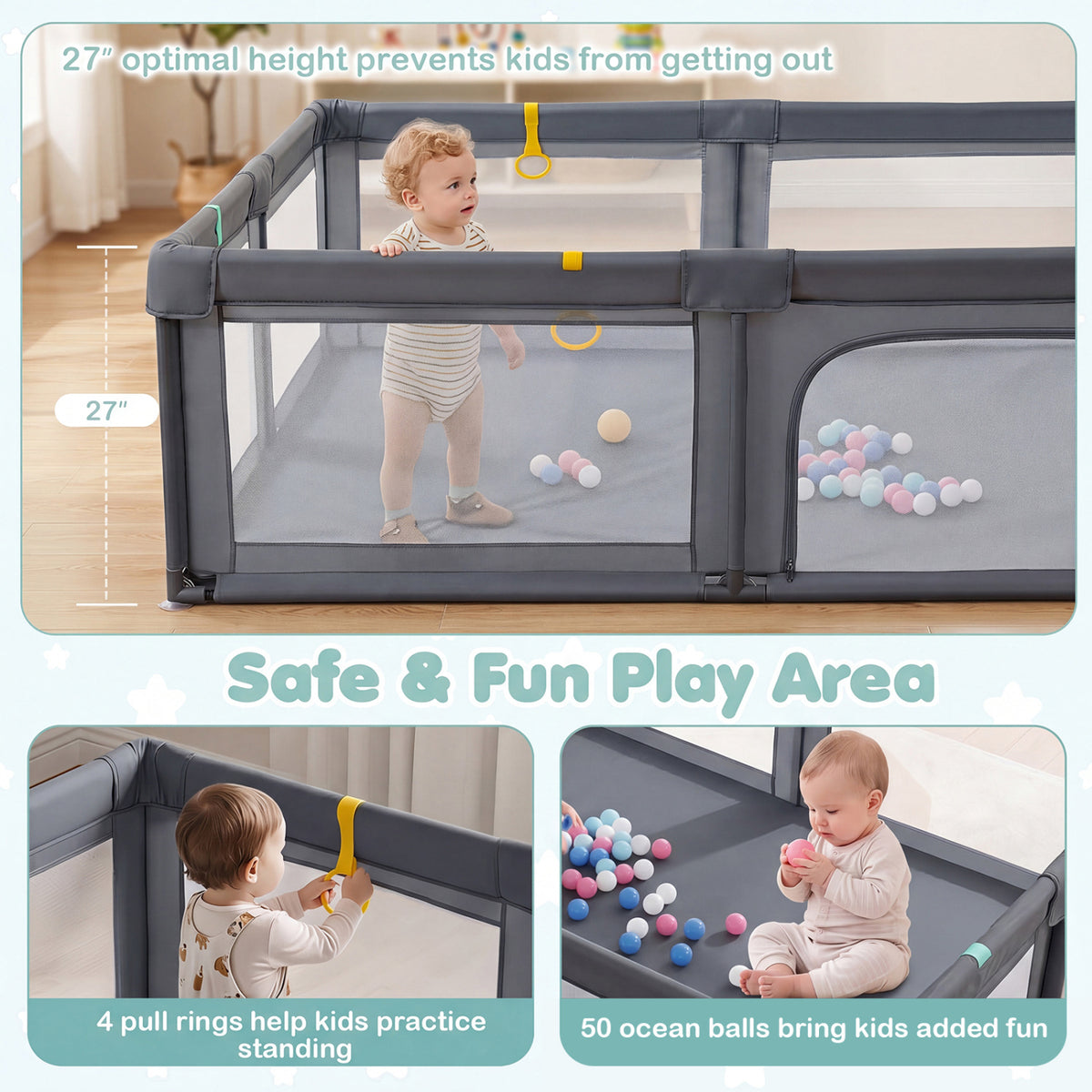 Portable Baby Playpen with 50 Ocean Balls Breathable Mesh and Safe Zippered Doors-Gray