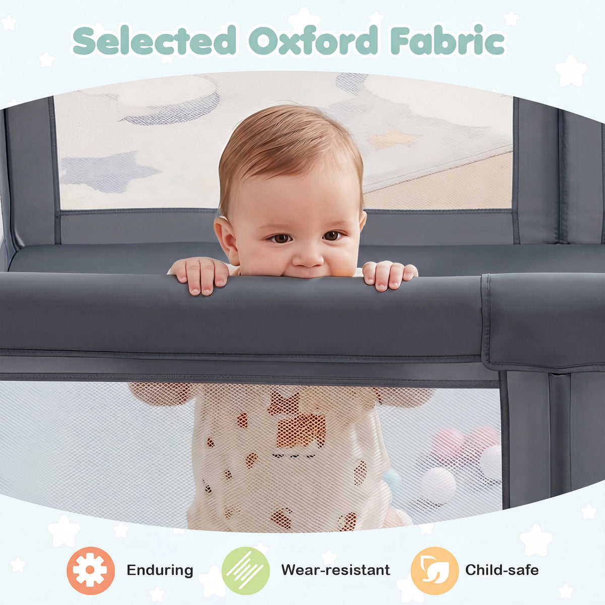 Portable Baby Playpen with 50 Ocean Balls Breathable Mesh and Safe Zippered Doors-Gray
