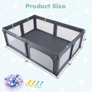 Portable Baby Playpen with 50 Ocean Balls Breathable Mesh and Safe Zippered Doors-Gray