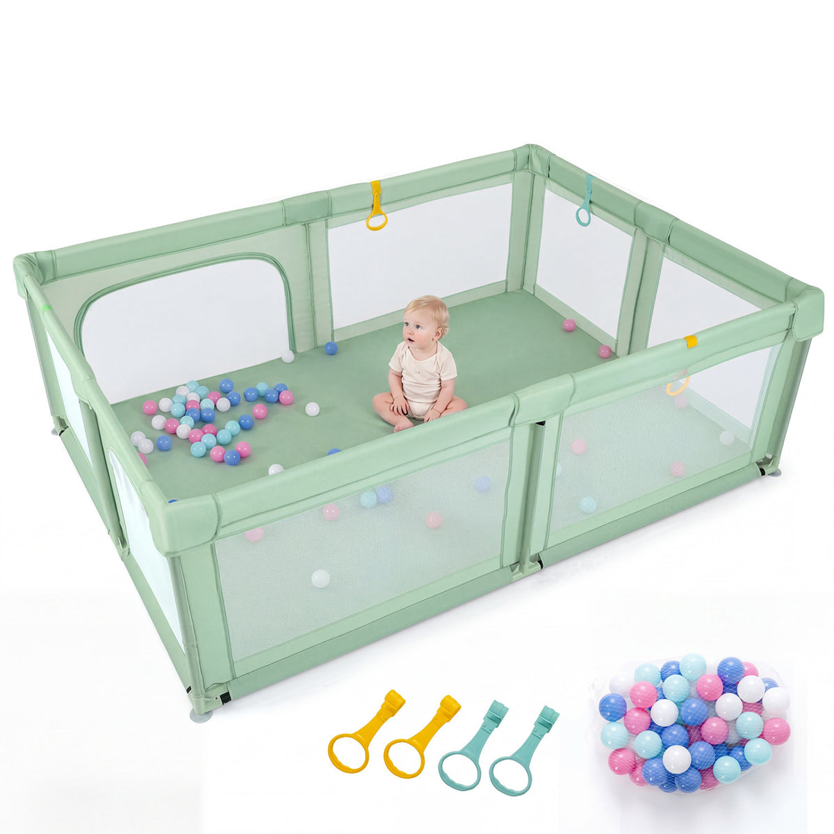 Portable Baby Playpen with 50 Ocean Balls Breathable Mesh and Safe Zippered Doors-Green
