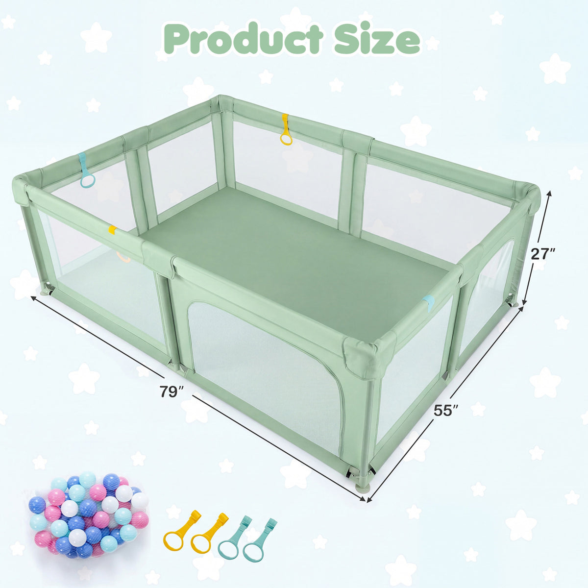 Portable Baby Playpen with 50 Ocean Balls Breathable Mesh and Safe Zippered Doors-Green