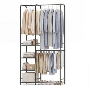 Portable Closet with Pants Hangers and 2 Hanging Rods and 4 Storage Shelves-Black