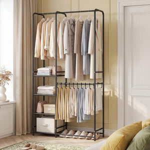 Portable Closet with Pants Hangers and 2 Hanging Rods and 4 Storage Shelves-Black