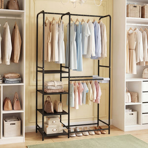 Portable Closet with Pants Hangers and 2 Hanging Rods and 4 Storage Shelves-Black
