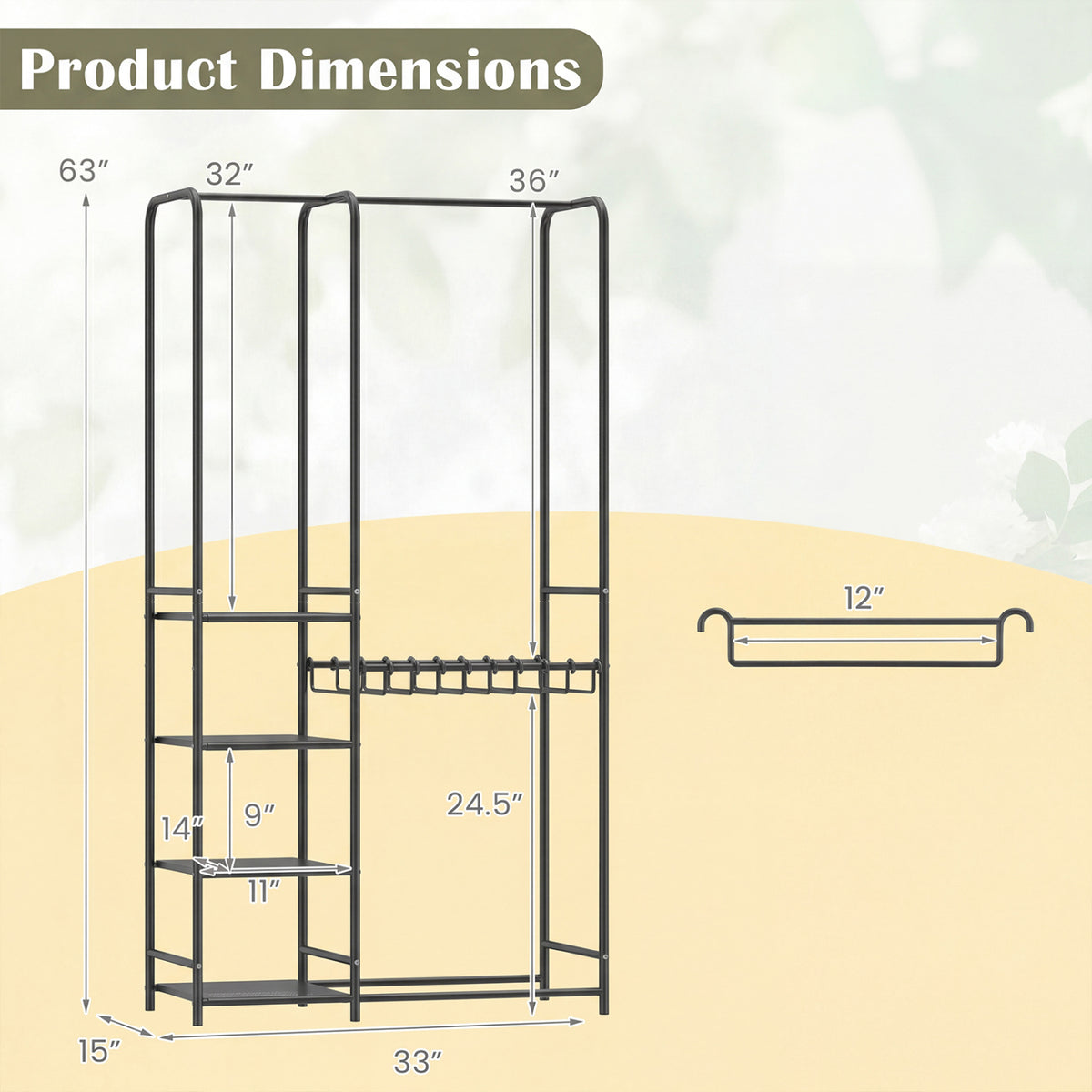 Portable Closet with Pants Hangers and 2 Hanging Rods and 4 Storage Shelves-Black