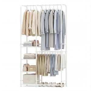 Portable Closet with Pants Hangers and 2 Hanging Rods and 4 Storage Shelves-White