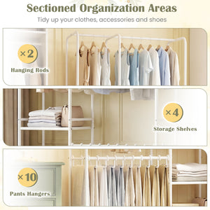 Portable Closet with Pants Hangers and 2 Hanging Rods and 4 Storage Shelves-White