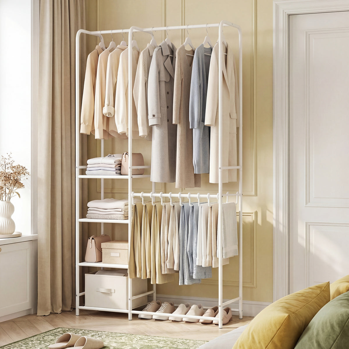 Portable Closet with Pants Hangers and 2 Hanging Rods and 4 Storage Shelves-White