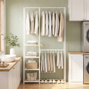 Portable Closet with Pants Hangers and 2 Hanging Rods and 4 Storage Shelves-White