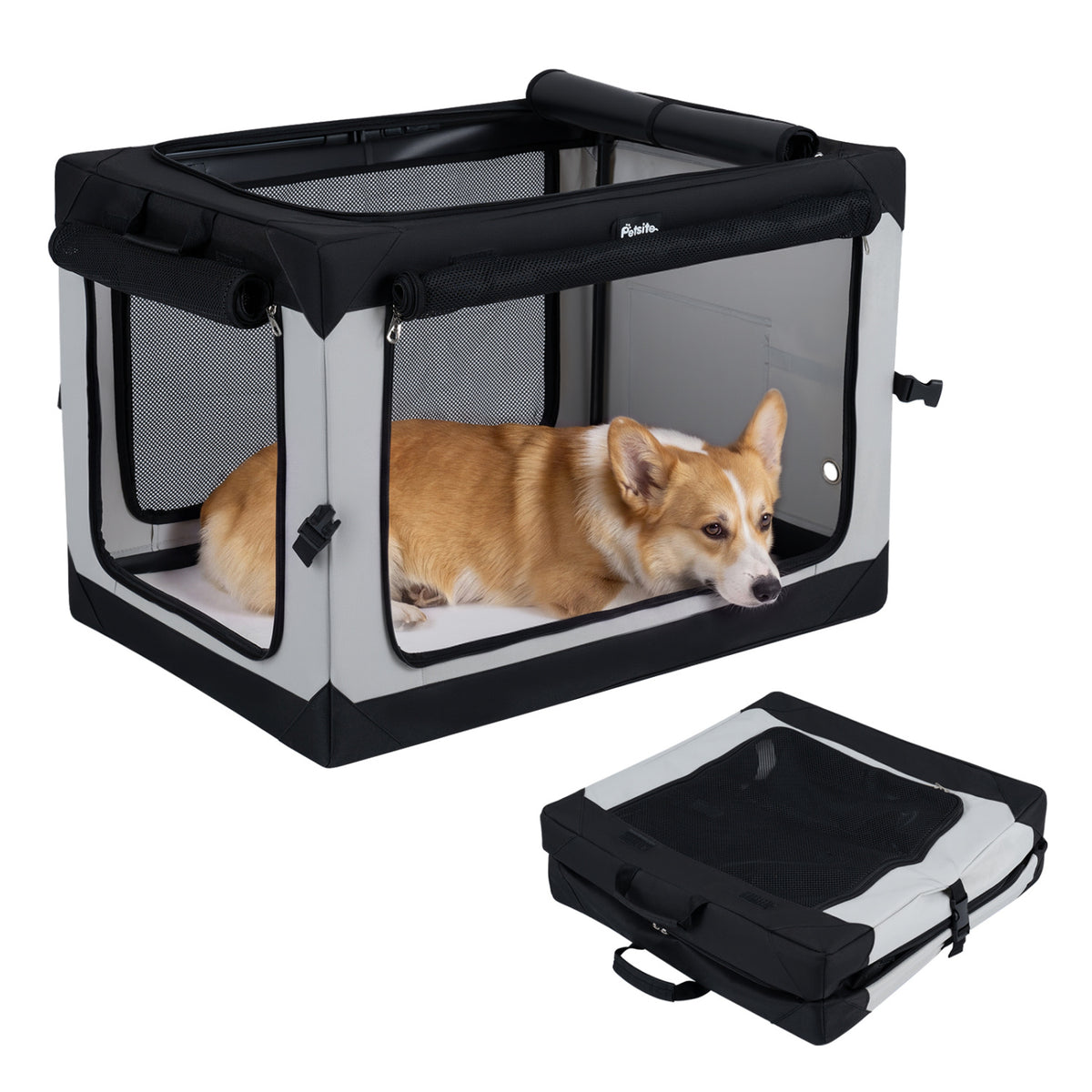 Portable Collapsible Soft Dog Crate for Dogs with 4 Mesh Doors Removable Mat and Storage Pocket-M