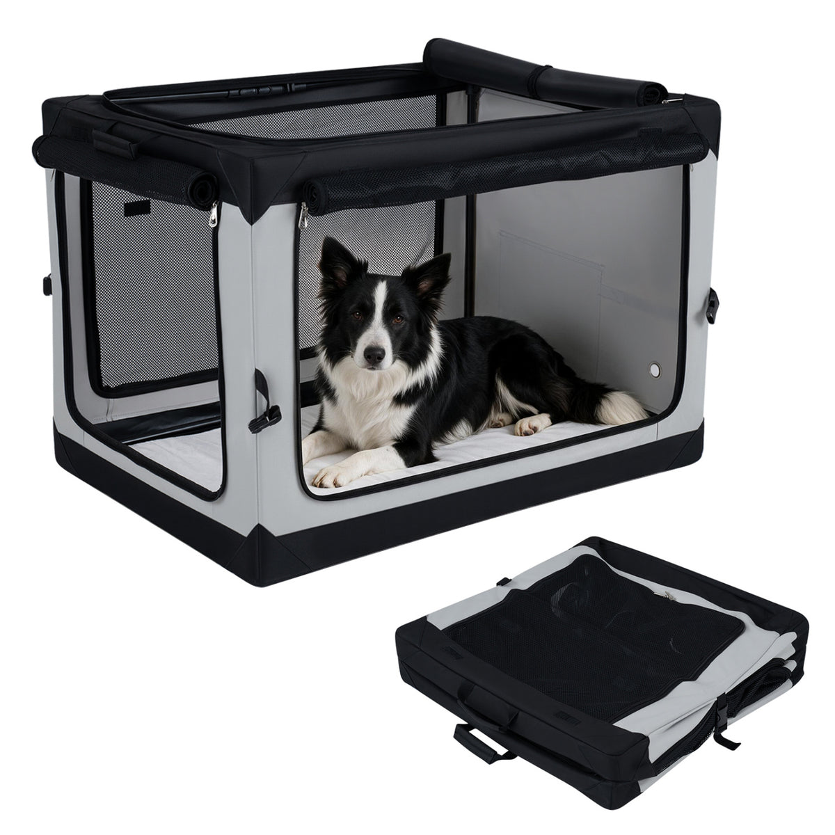 Portable Collapsible Soft Dog Crate for Dogs with 4 Mesh Doors Removable Mat and Storage Pocket-L