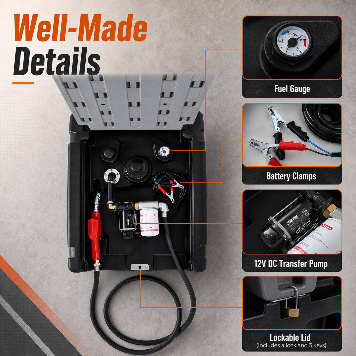 Portable Diesel Tank 53 Gallon with 13.2 GPM Flow Rate for Transportation-Black