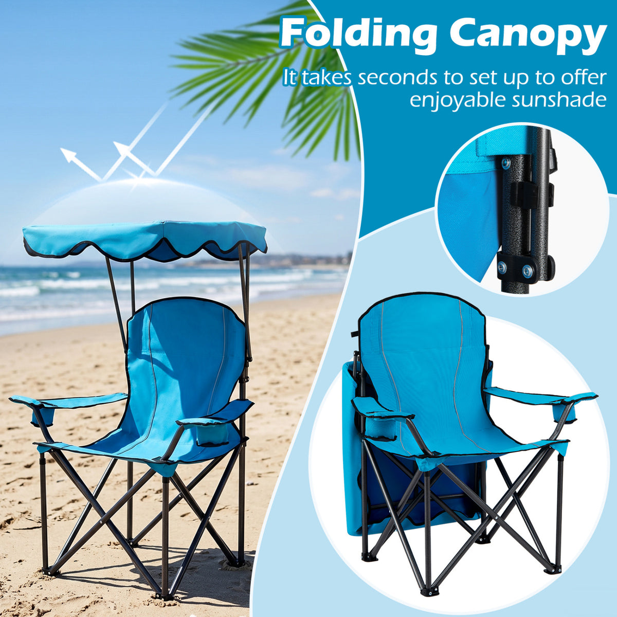 Portable Folding Beach Canopy Chair with Cup Holders-Light Blue