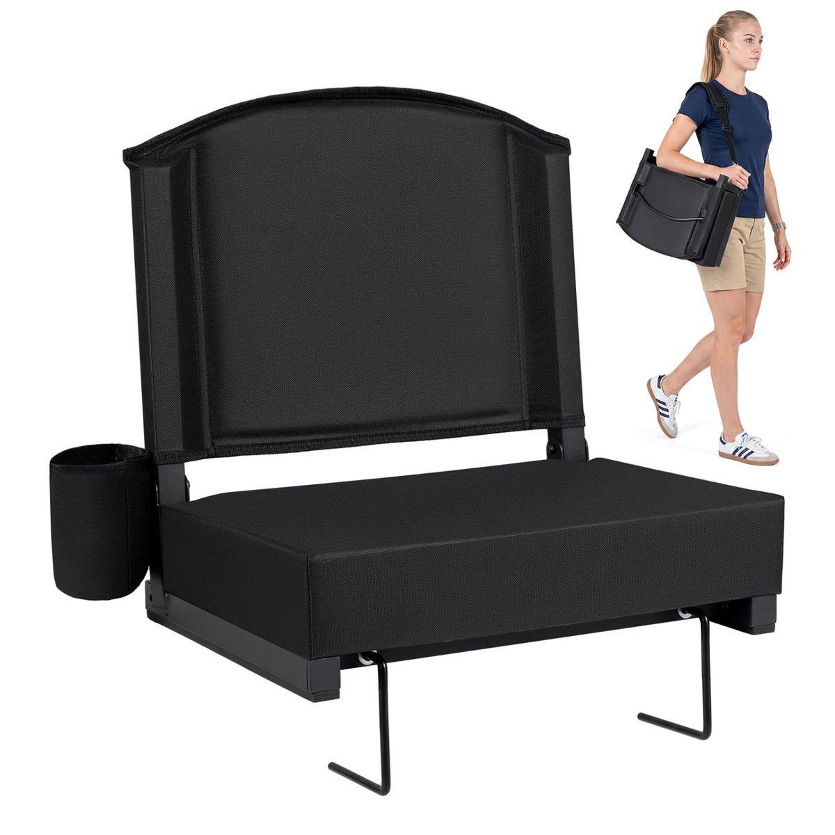 Portable Folding Bleacher Chair with Thick Padded Cushion  Removable Shoulder Strap-Black