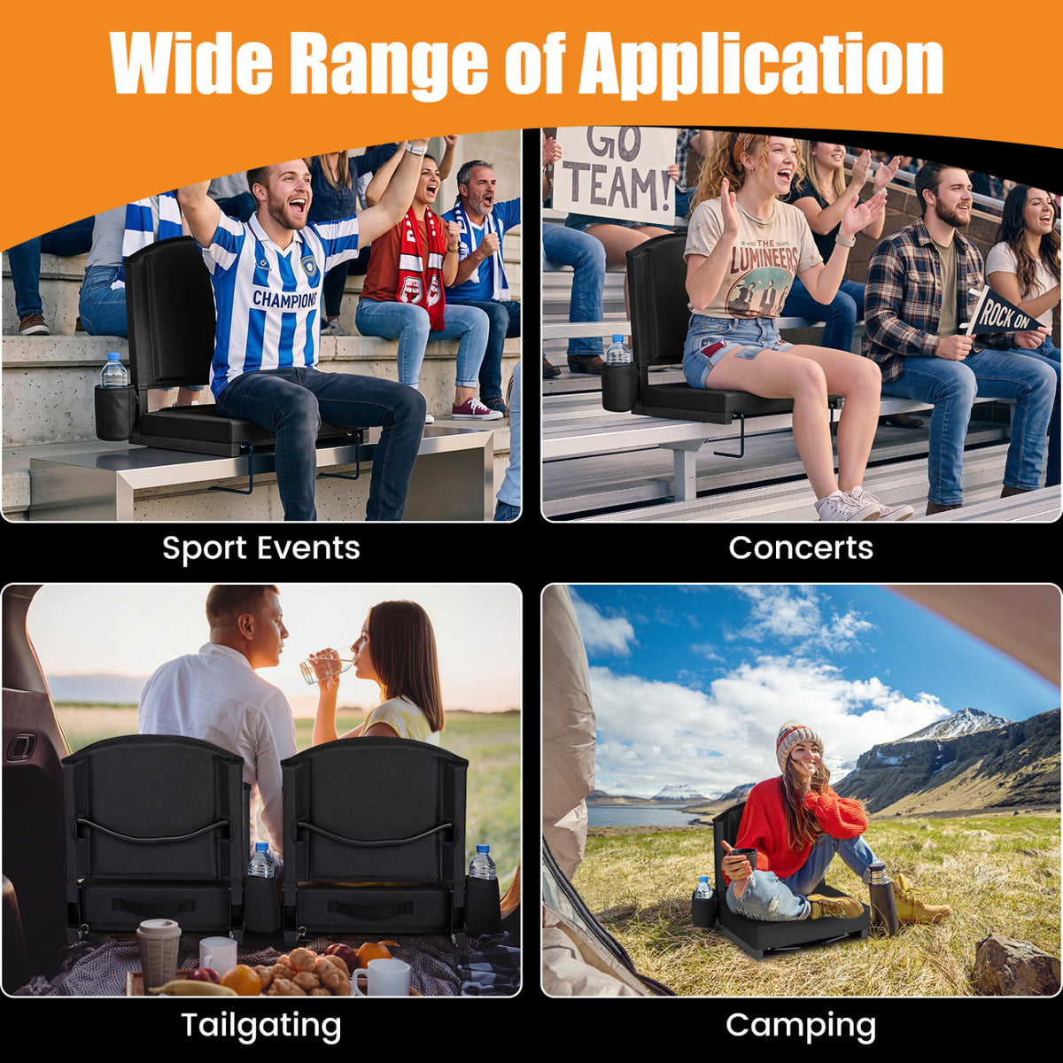 Portable Folding Bleacher Chair with Thick Padded Cushion  Removable Shoulder Strap-Black